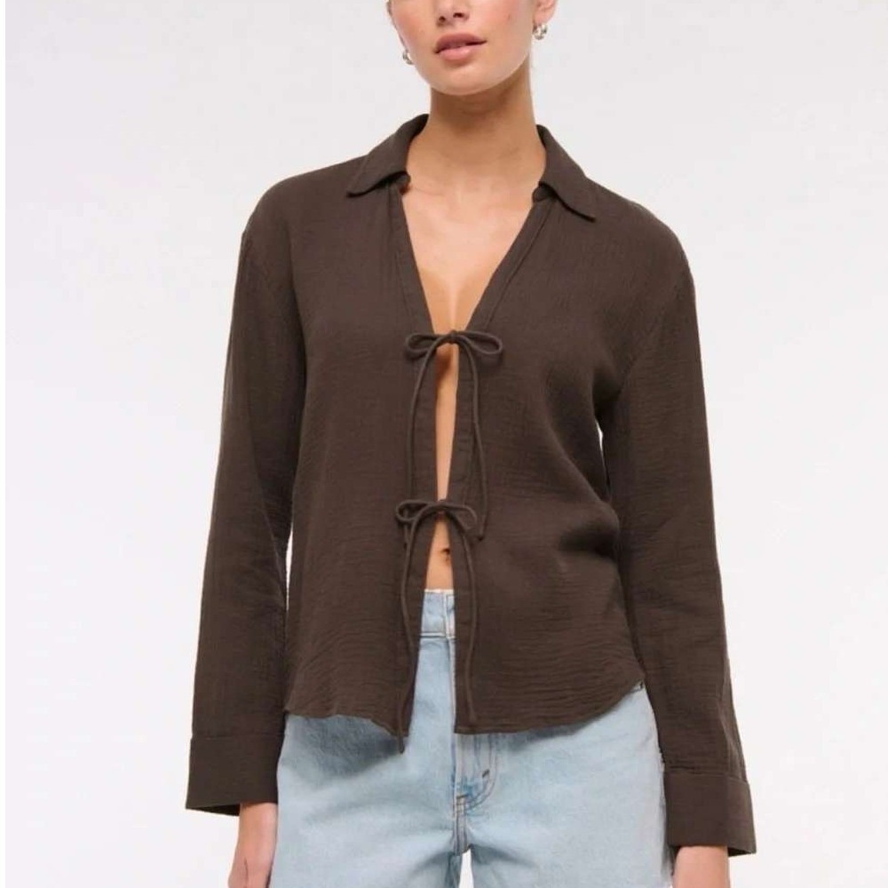 Abercrombie & Fitch Top Small Brown‎ Tie Front Gauze Long Sleeve Cotton NWT